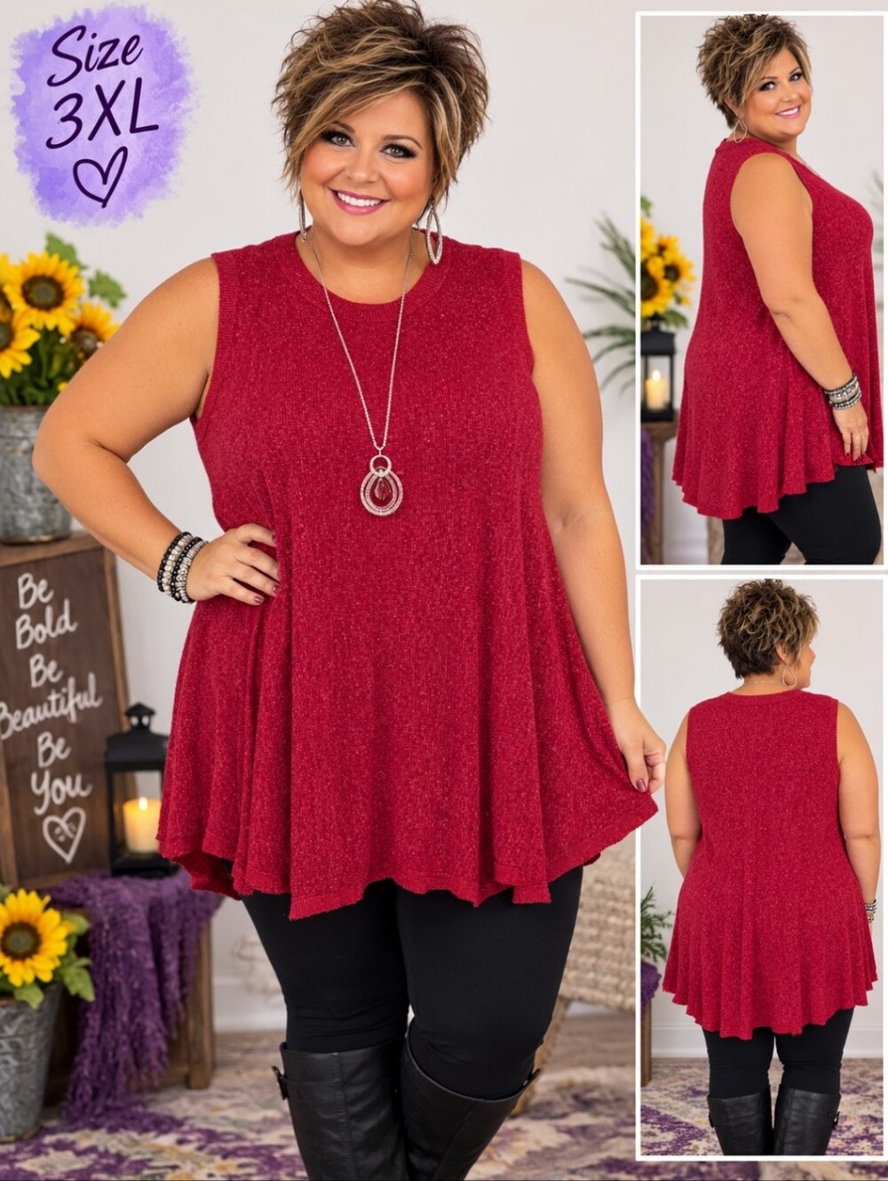 Catherines Sleeveless A-Line Swing Metallic Tunic Top - Red